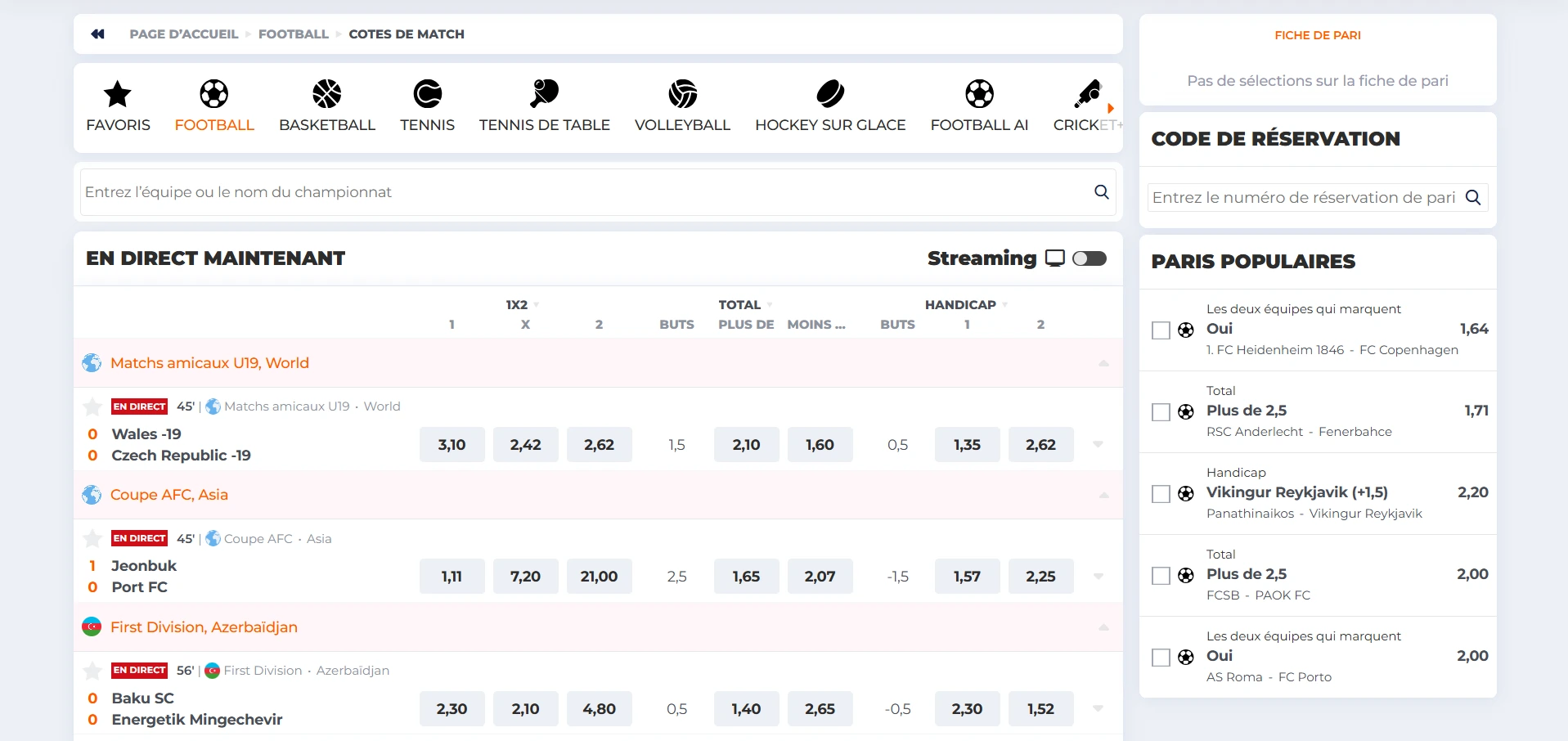 Section paris sportifs sur BetRiot Casino